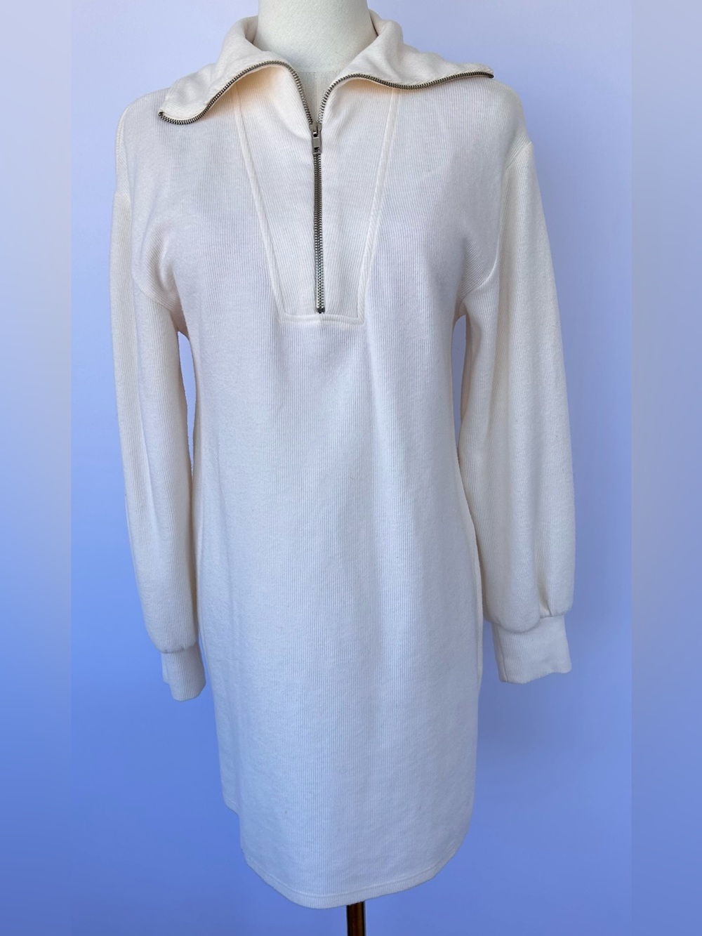 Zara Women’s Ribbed Knit Tunic Dress 1/3 Zip Cream Long Sleeve Size Small